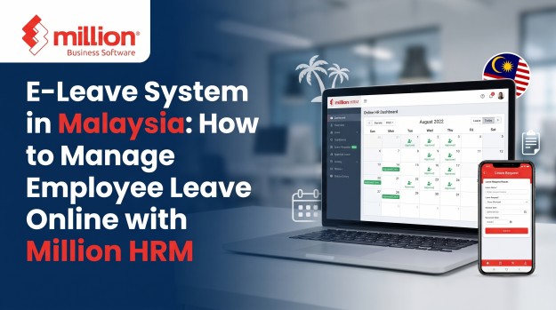 e-leave-system-malaysia Employee applying for leave on a mobile app while a manager approves it online in Million HRM